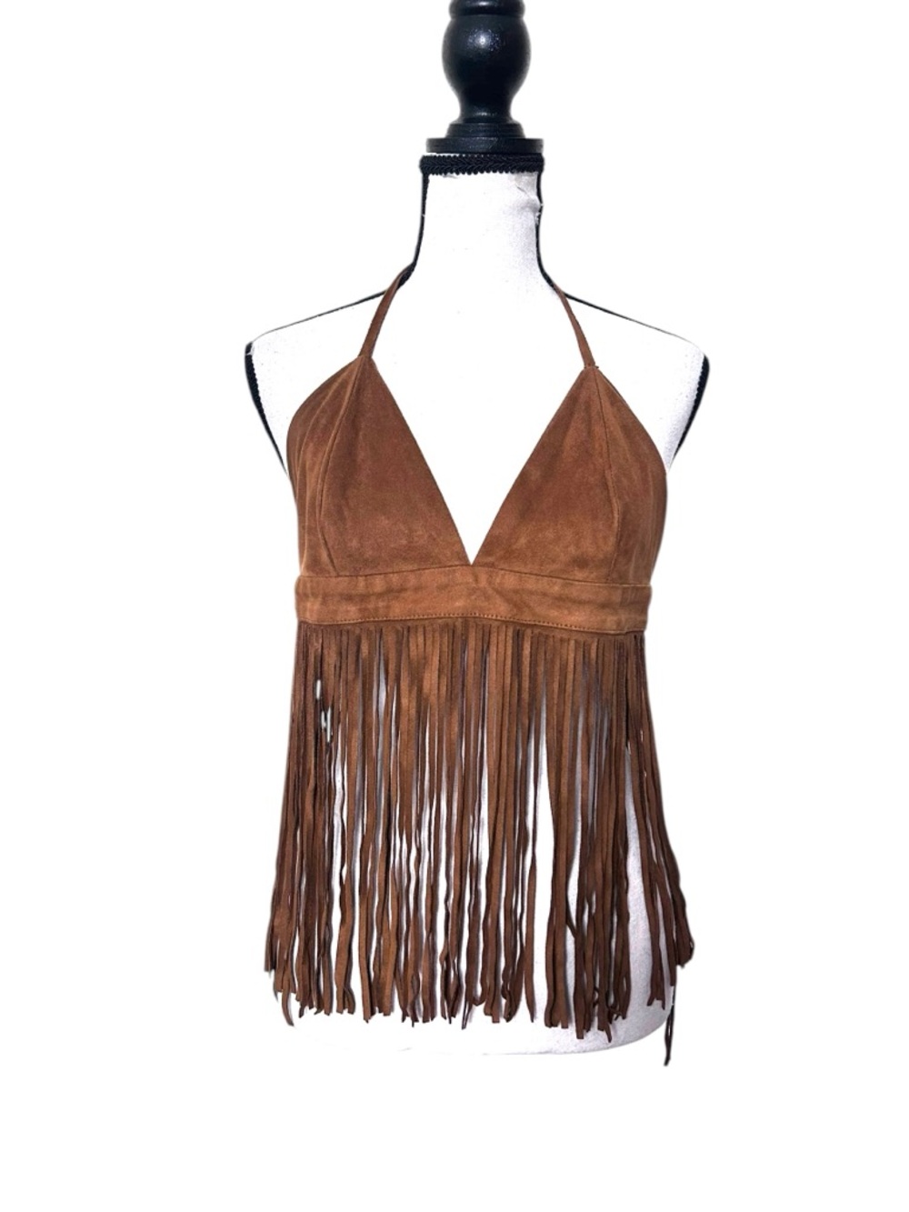 Forever 21 Faux Suede Fringe Halter Top Brown Boho Festival Western Size M - Picture 2 of 7